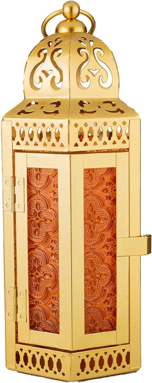 ANRUST Gold Decorative Metal Candle Lantern, Moroccan Style Hanging Lantern, Metal Tabletop Lantern Decor, Candle Holders for Outdoor Patio Medium Size Without LED (Gold Amber)
