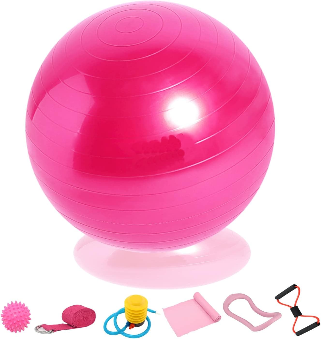 Mmoitkki Yoga Ball Exercise Ball 55cm with Resistance Bands, Yoga Strap, Pilates Ring, Massage Ball, Exercise Bands, Extra Thick & Anti Burst Exercise Balls & Accessories Set of 7 (Pink)