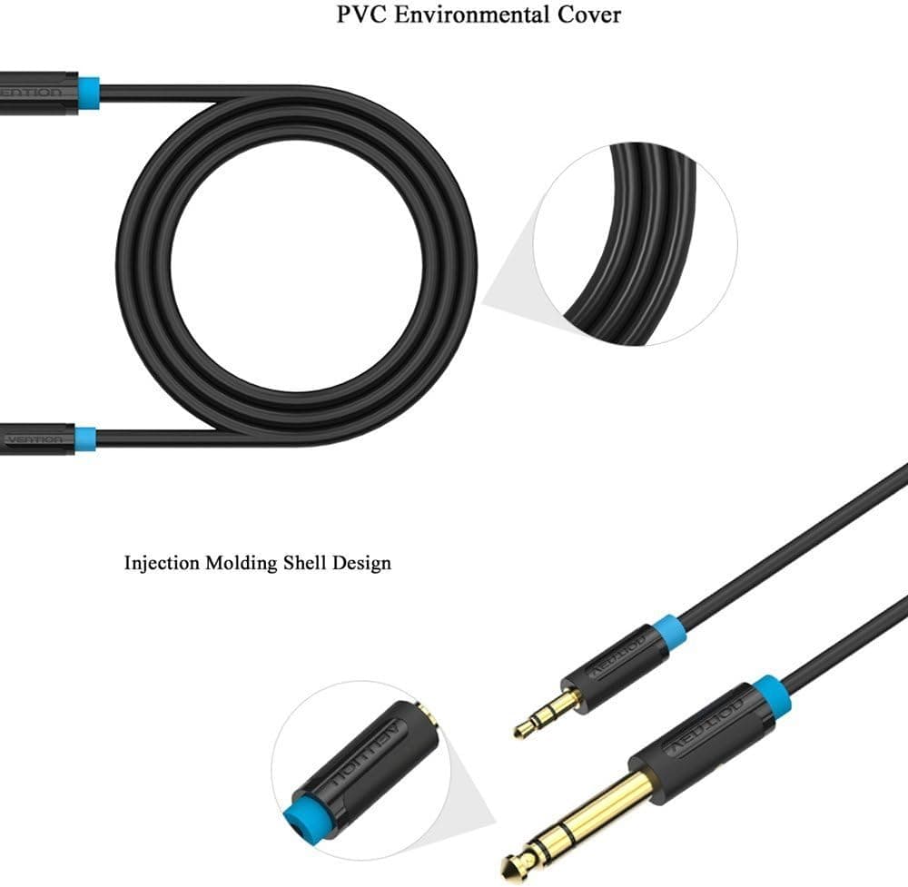 VENTION 3.3FT 24K Gold Plated 3.5mm 1/8" Male to 6.35mm 1/4" Male TRS Stereo Audio Cable with PVC Infection Molding Shell for iPhone, iPod,Power Amplifier,Microphone and Guitar(Black) ¡­