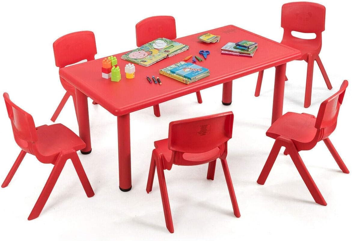 Costzon Kids Table and Chair Set, 6 Pcs Stackable Chairs, 47 x 23.5 Inch Rectangular Plastic Activity Table Set for Children Reading Drawing Playing Snack Time, Toddler School Furniture (Red)