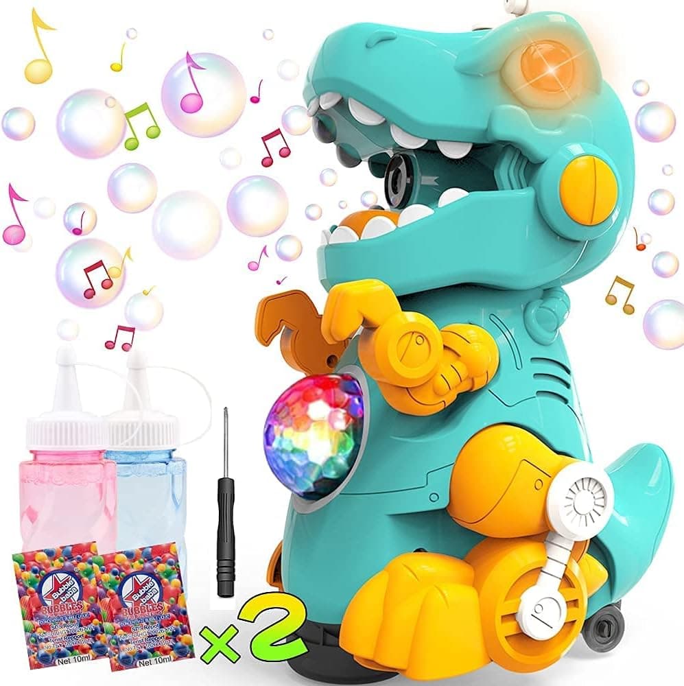 Bubble Machine for Kids Toddlers with 2 Bottles Bubble Refill Solution, Dinosaur Bubble Maker Blower w/ LED Lights & Music, Summer Outside Toys Party Favor Birthday Gifts Bubbles for Kids Boys Girls