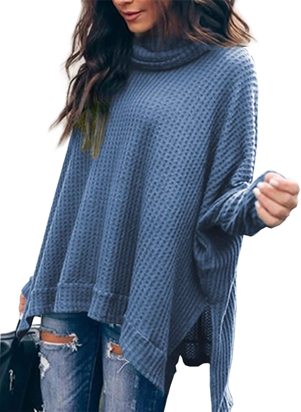 Albe Rita Women Casual Turtlenck Batwing Sleeve High Low Hem Side Slit Waffle Knit Loose Oversized Sweater Tunic Tops