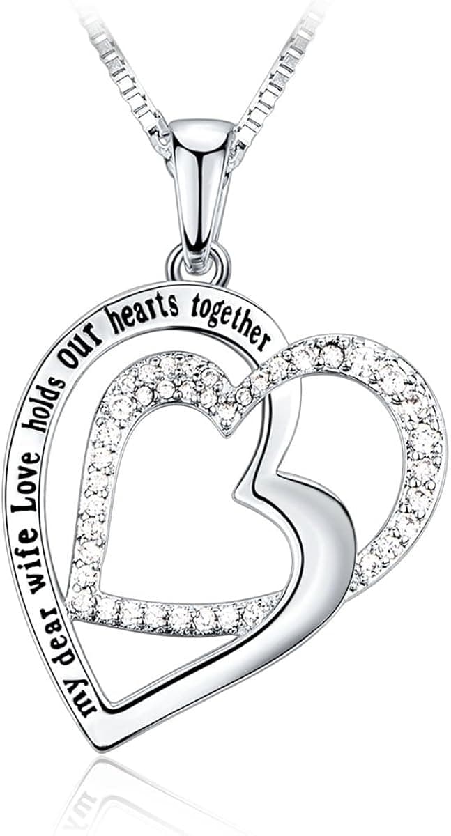 Ado Glo Wife Necklace CZ Rhodium Plating Double-Heart Intertwined Fashion Jewelry, for Women 18"