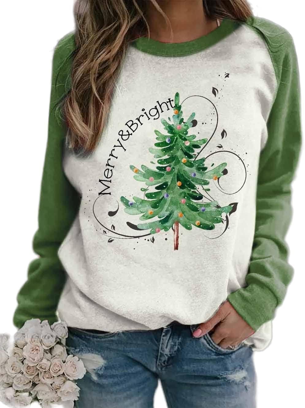 Christmas Sweatshirt for Women Merry and Bright Christmas Long Sleeves Shirt Christmas Tree Print Blouse Tops Holiday Shirts