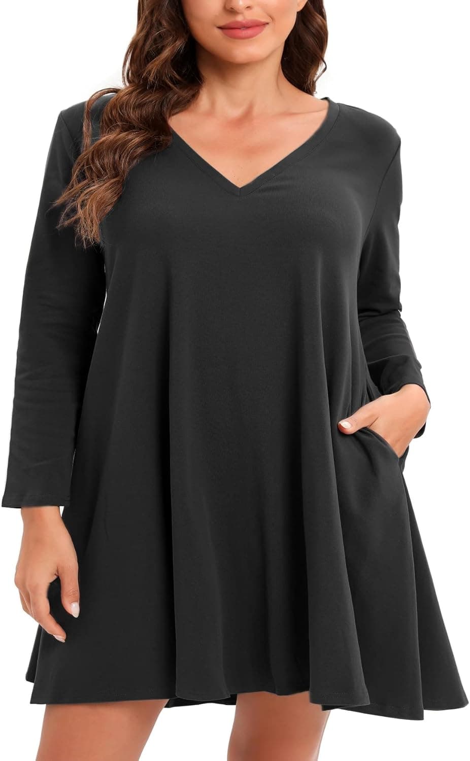 Roiii Women's Dress Sweet & Cute V-Neck Long Sleeve Shift Mini Dress Long Sleeve Pocket Casual Loose T-Shirt Dress