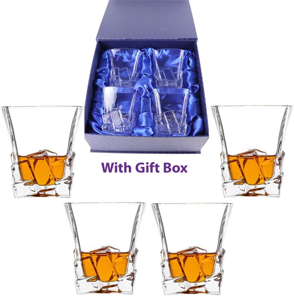 Amlong Crystal Lead-Free Double Old Fashioned Crystal Whiskey Glass - Rock Stylish Design – Perfect for Scotch, Bourbon, Cognac and Cocktail Glasses, 10 Ounce, Set of 4 With Gift Box