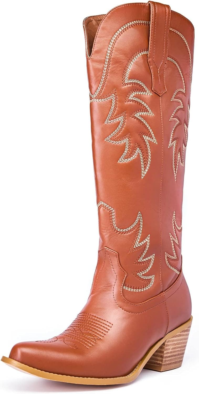GOSERCE Western Cowboy Mid Wide Calf Boots Pull-Up Tabs Embroidered Sparkly Glitter Metallic Cowgirl Boots for Women Pointy Toe Chunky Low Heel 2.5" Pink