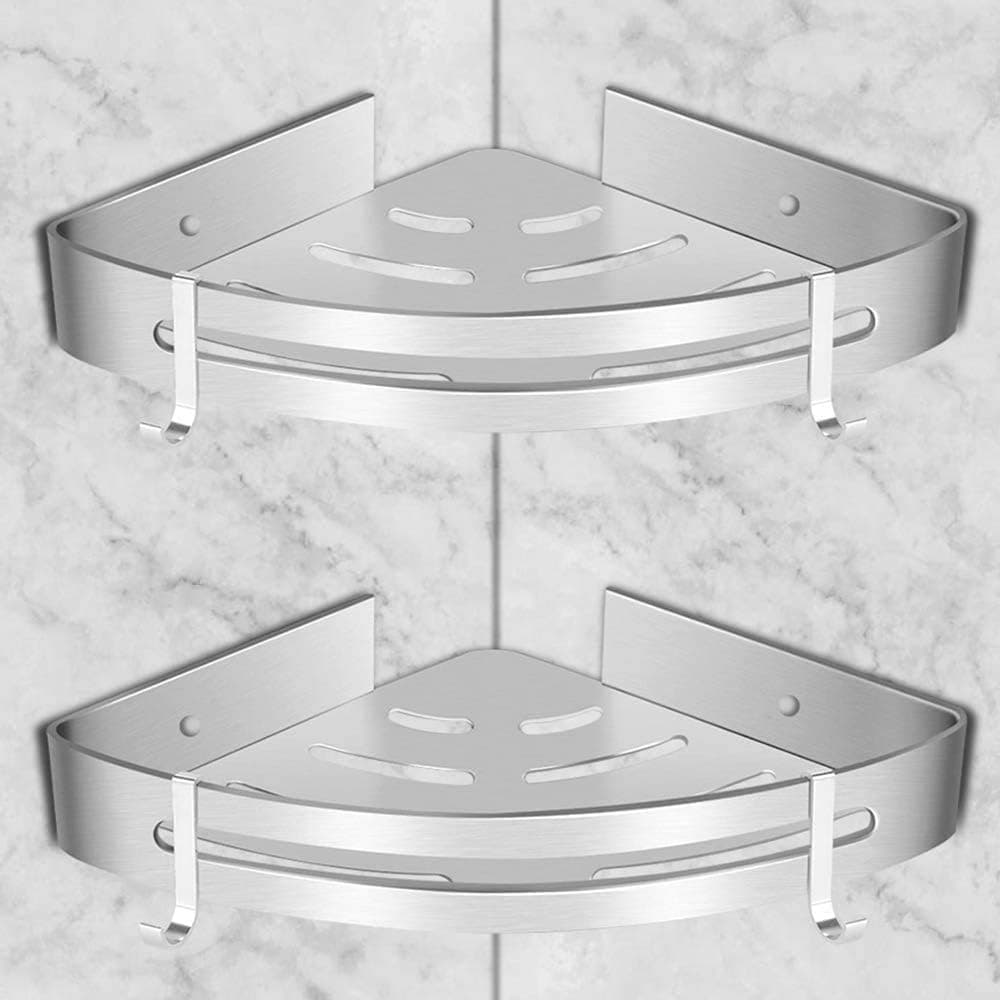 Shower Shelves, LACOS Bathroom Shower Accessories Shower Storage Corner Bathroom Shelves No Drilling Rustproof Sand Blasting Space Aluminum Paste Installation Wall Mounted 2 Packs Silver