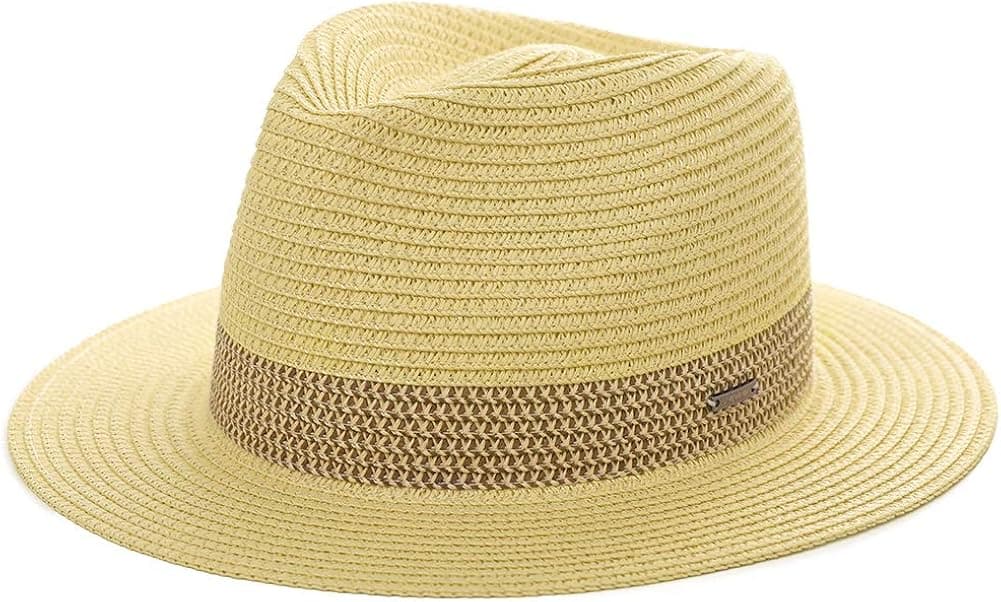 Jeff & Aimy Women Packable Straw Fedora Panama Sun Summer Beach Derby Hat Small Head for Men Beige 57-58cm