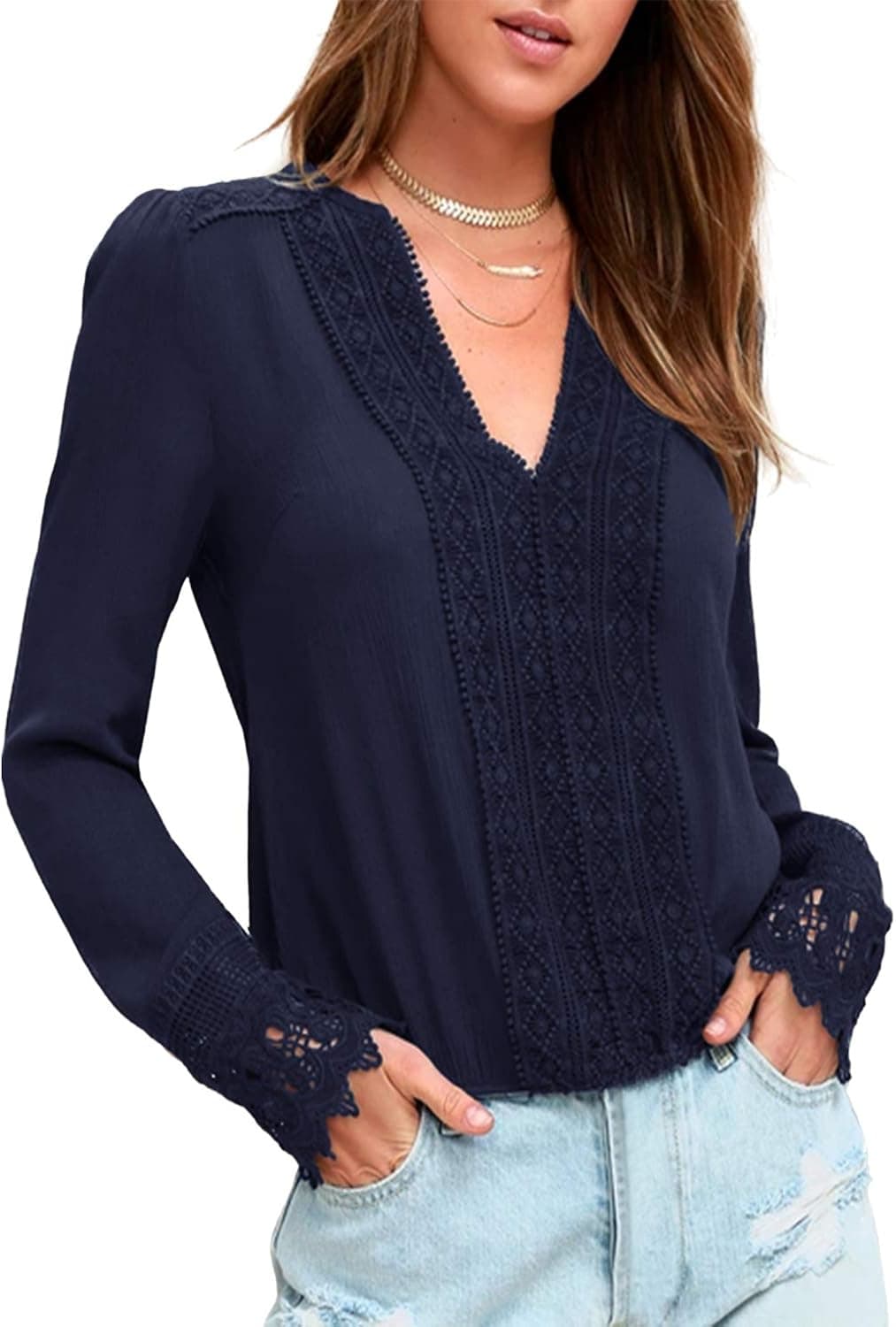 BMJL Women's Lace Splicing Top Deep V Neck Blouse Casual Long Sleeve Shirt Tees(L,Blue)