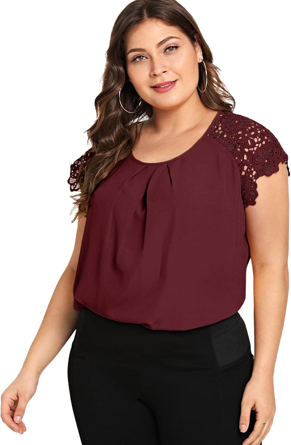 Milumia Women's Plus Size Round Neck Short Sleeve Pleated Lace Blouses Top