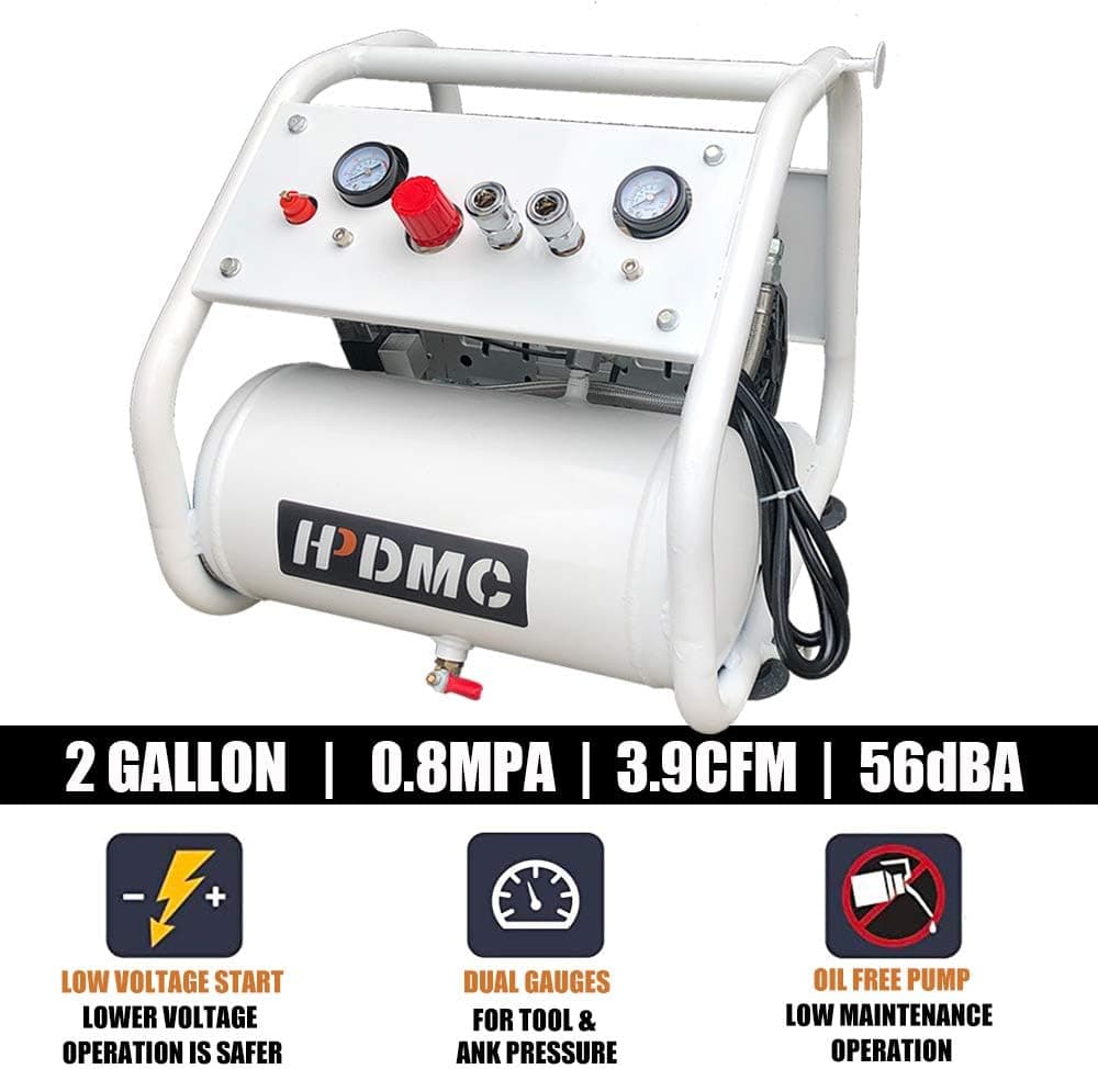 HPDMC 2 Gallon 125 PSI Ultra Quiet Oil-Free Electric Jobsite Air Compressor Portable Pump Steel Roll Cage w/Rubber Grip, Compact and Lightweight