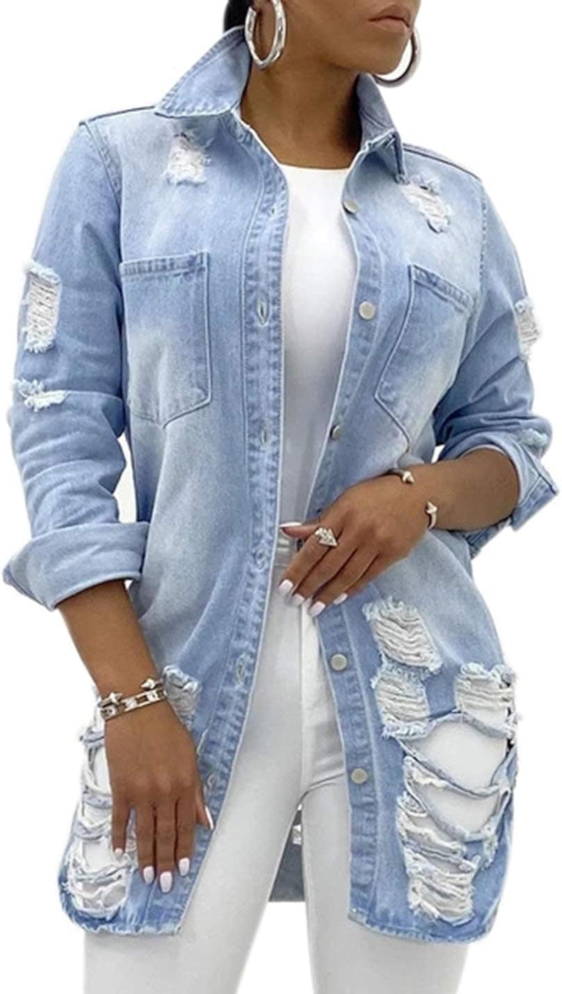UANEO Womens Denim Ripped Distressed Button Down Mid Long Casual Jean Jackets