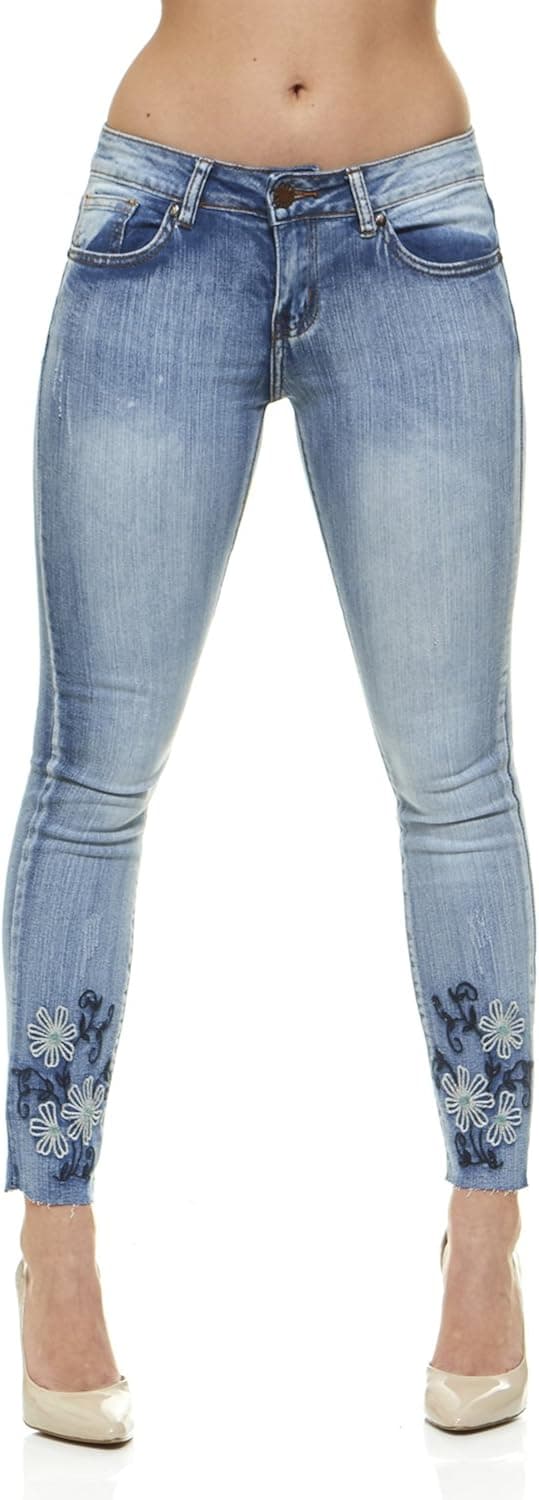 V.I.P. JEANS Women's Flower Embroidery, Tight Slim Fitting, Junior Sizes, Varsity Blue Wash