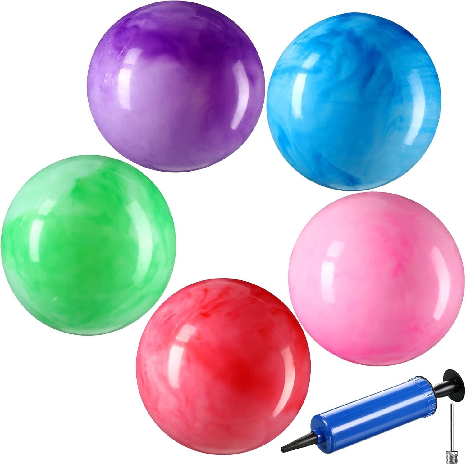 6 Pieces Marbleized Bouncy Balls and Pump with Air Needle Colorful Bouncy Toys Balls Cloud Bouncing Balls Inflatable Kids Ball for Pets Adults Fun Handballs Beach Playground School