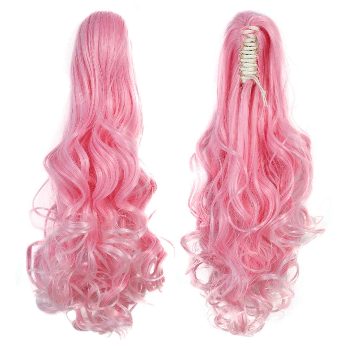Beauty Wig World 21inch Pink Ponytail Extension Long Curly Ponytail Clip in Claw Hair Extension Synthetic Heat Resistant Fashion Hairpiece for Women