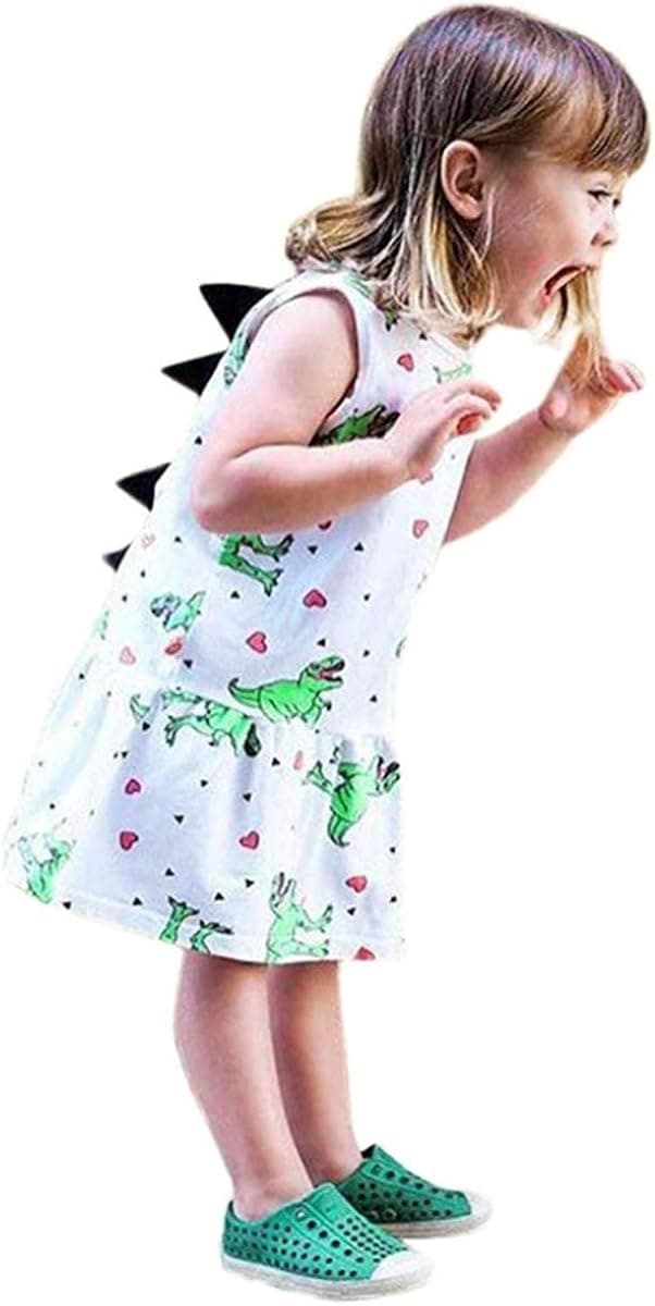 Toddler Baby Girls Sleeveless Dress Kid Cartoon Dinosaur Rainbow Striped Summer Sundress
