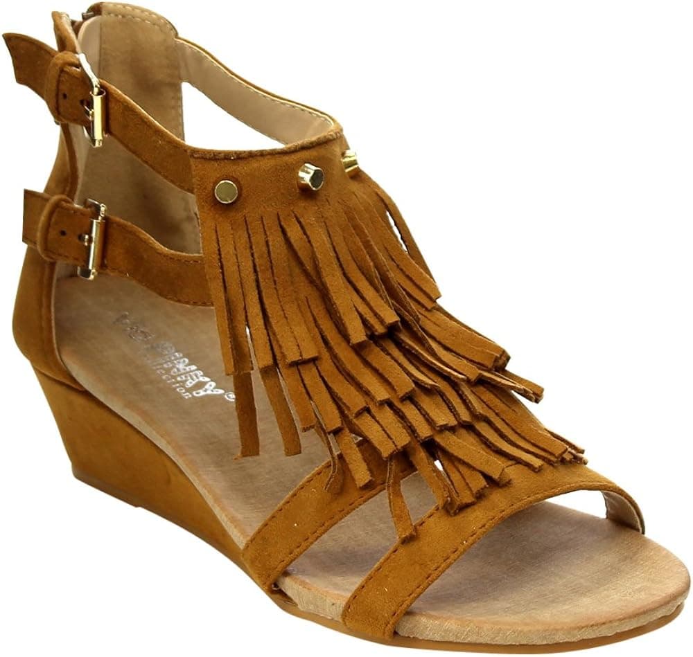 VIA PINKY SUZIE-02 Women's Back Zip 3 Layers Fringe Sandals Run Half Size Small, Color:CAMEL, Size:7.5