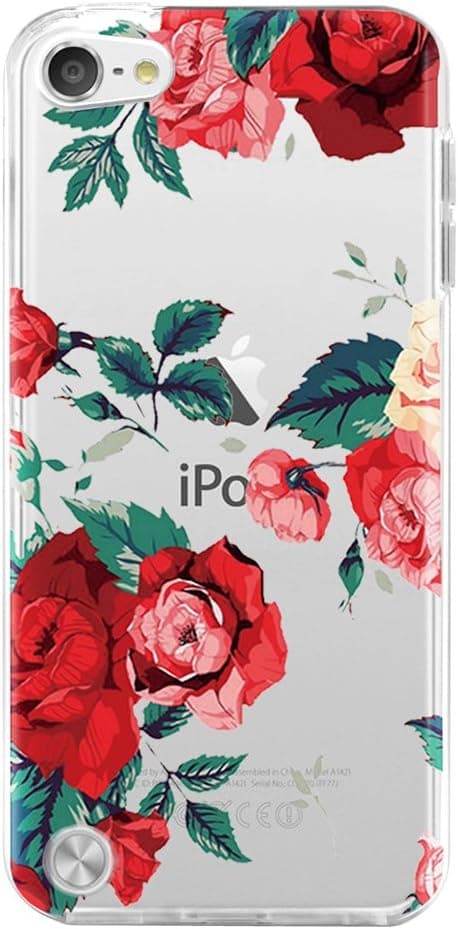 iPod Touch 5 Case,iPod Touch 5 Case for with Flower,LUOLNH Slim Shockproof Clear Floral Pattern Soft Flexible TPU Back Cover for Apple iPod Touch 5th Generation -Red Rose