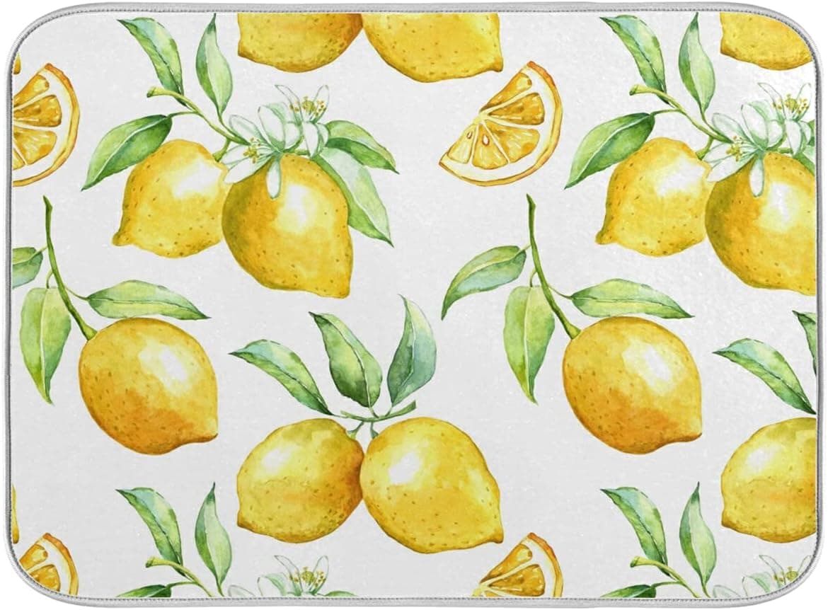Giwawa Lemon Dish Drying Mat 18x24 inch Reversible Green Leaves Dish Drainer Mats with Hanging Loop Absorbent Lemon Flowers Dish Draining Mat Microfiber Lemon Drying Pad for Kitchen Counter Sink