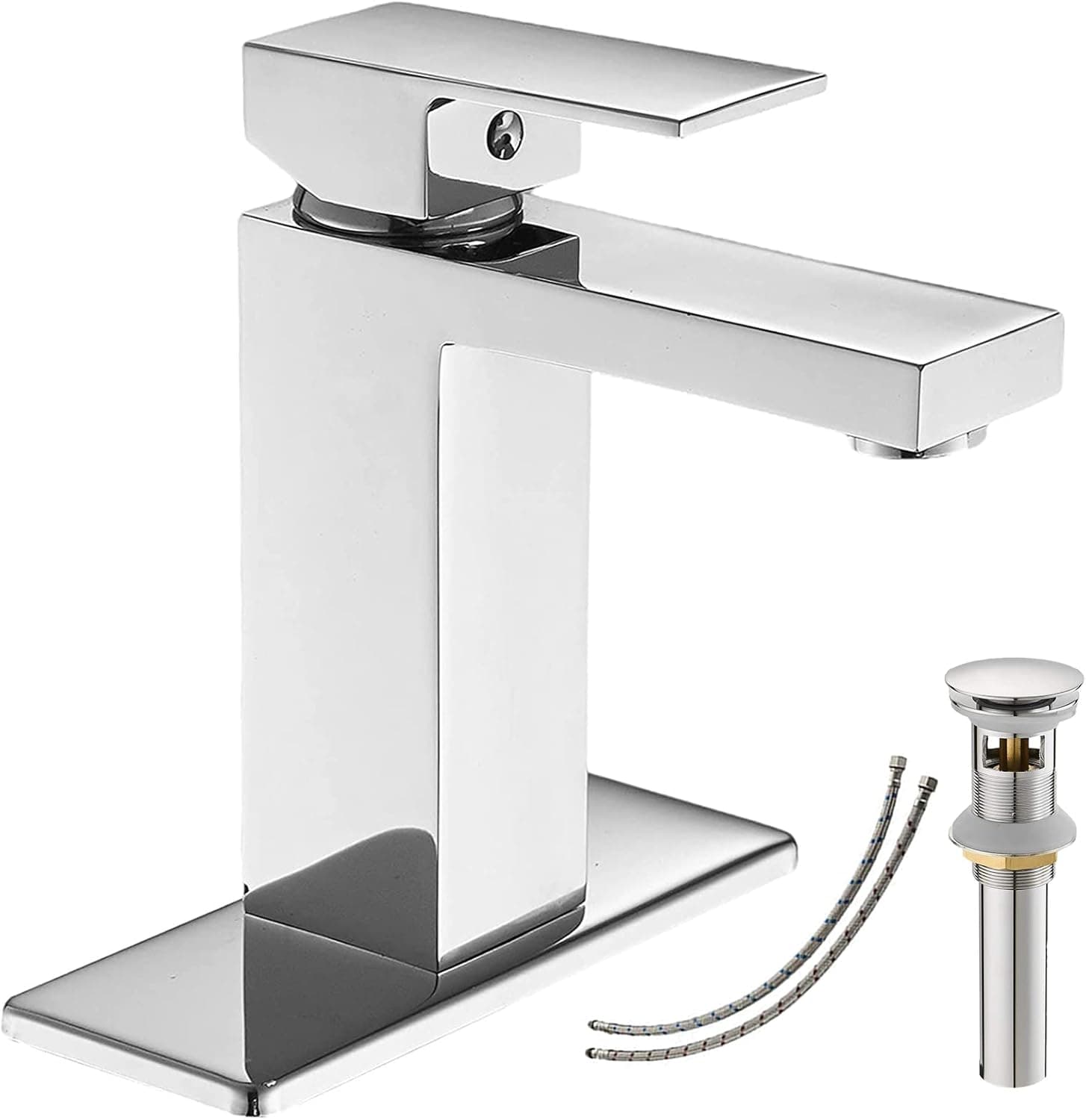 BATHLAVISH Bathroom Faucet Polished Chrome Modern Single Hole Single Handle with Pop Up Drain with Overflow Parts Lavatory Vanity Sink 1 or 3 Hole Deck Mount