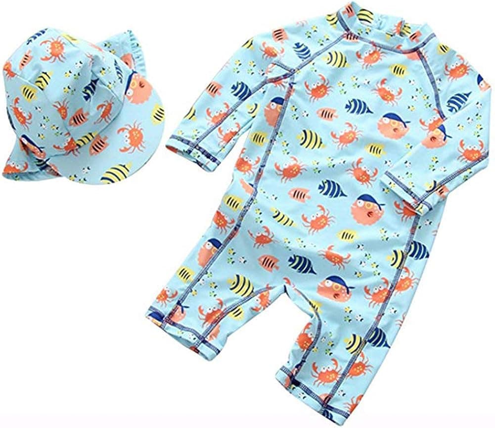 Kids Baby Boys Girls One Piece Swimsuit Set Short Sleeve Bathing Suit Rash Guards with Hat UPF 50+