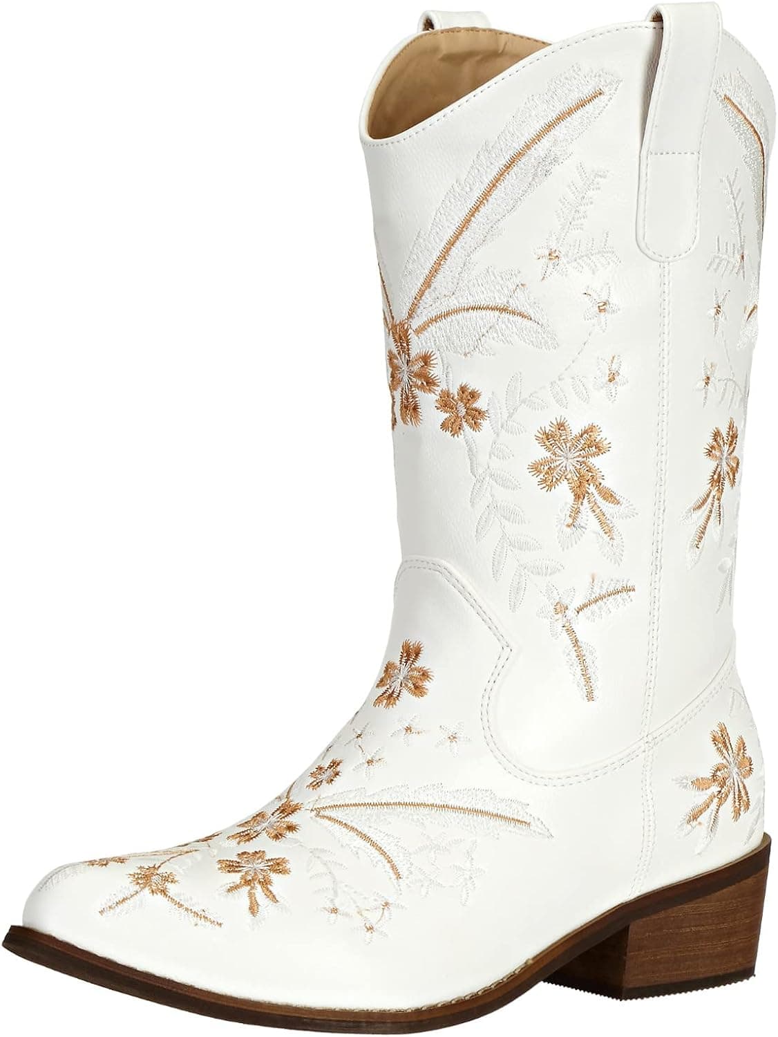 SheSole Women's White Cowgirl Boots Western Floral Embroidery Wide Calf Wedding Cowboy Boots White
