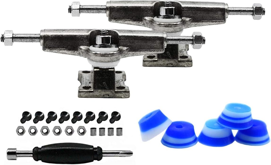 Teak Tuning Fingerboard Spacer Trucks, Chrome Silver - Includes Set of 5 Blue & White Swirl Bubble Bushings - 32mm Width - Tuned & Assembled