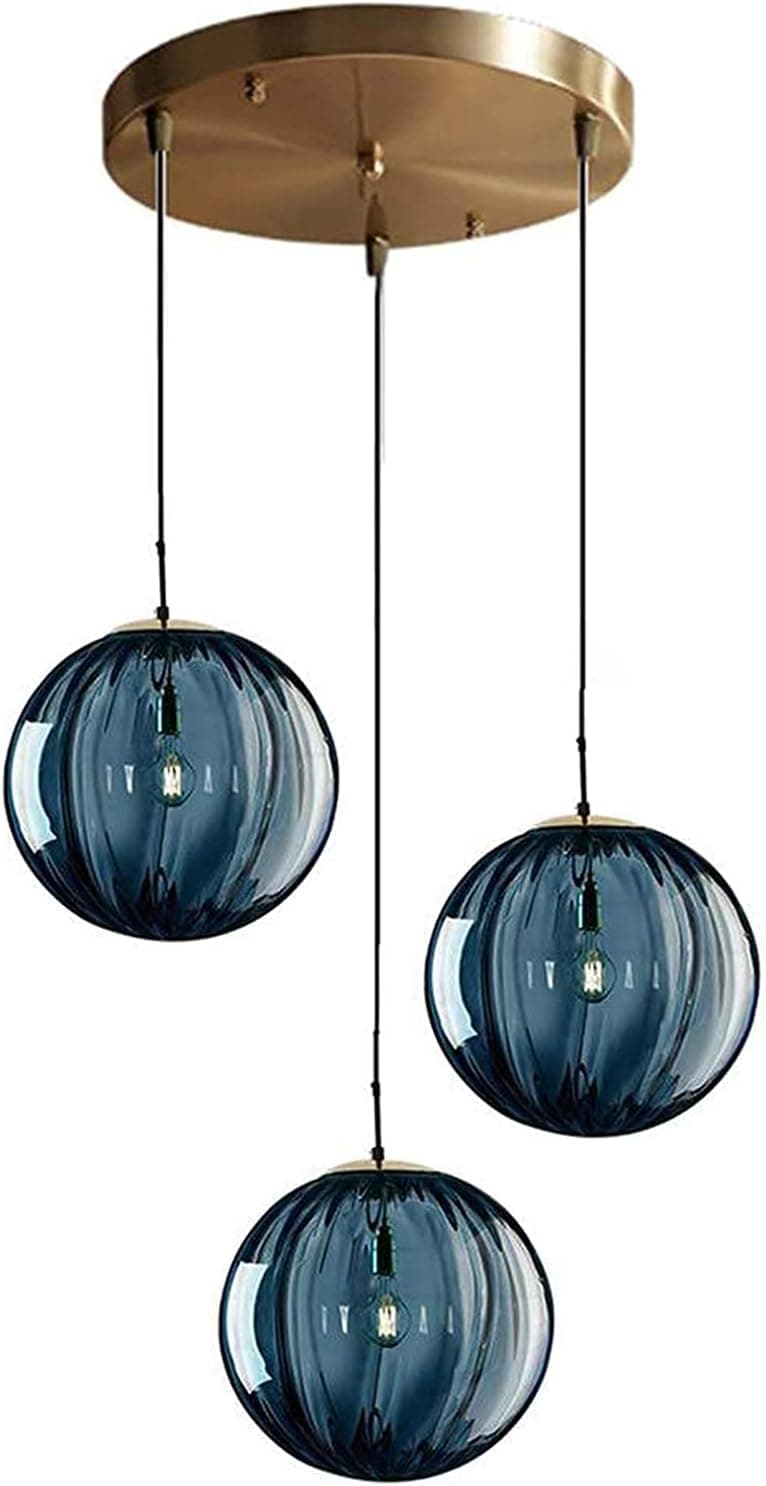 UMhouse Blue 3 Lights Glass Globe Pendant Ceiling Light,Glass Ball Brass Finish E26 Chandelier Hanging Lamp for Kitchen Island (Blue), 3TNGB-2109