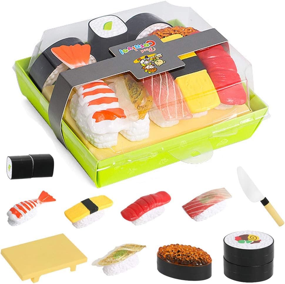 Elitao Sushi Play Food Set, Play Food for Kids Kitchen - Toy Food Accessories - Toy Foods with Play Salmon and Sashimi Plastic Food for Pretend Play, Great Gift for Girls Boys Kids Toddler