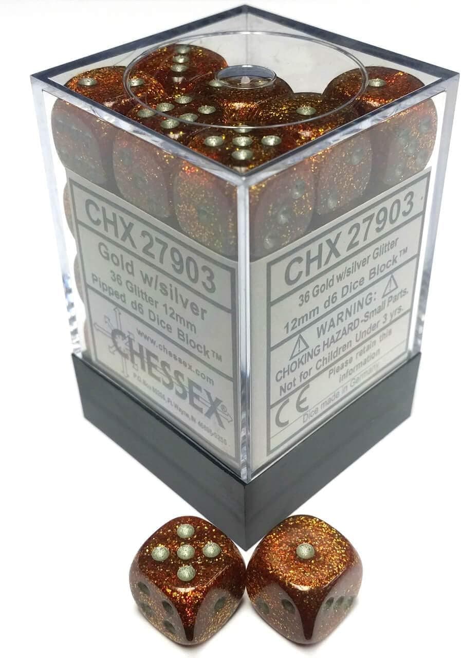 Chessex Dice d6 Sets: Glitter Gold / Silver - 12mm Six Sided Die (36) Block of Dice