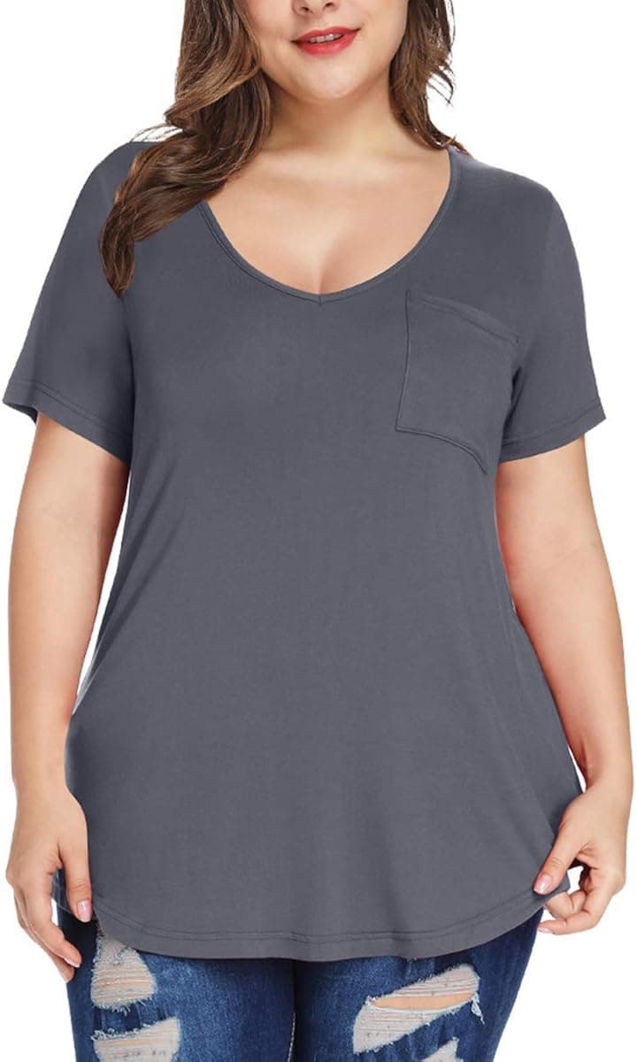 MONNURO Plus Size Tops for Women Casual V Neck Summer Short Sleeve T Shirts with Pocket