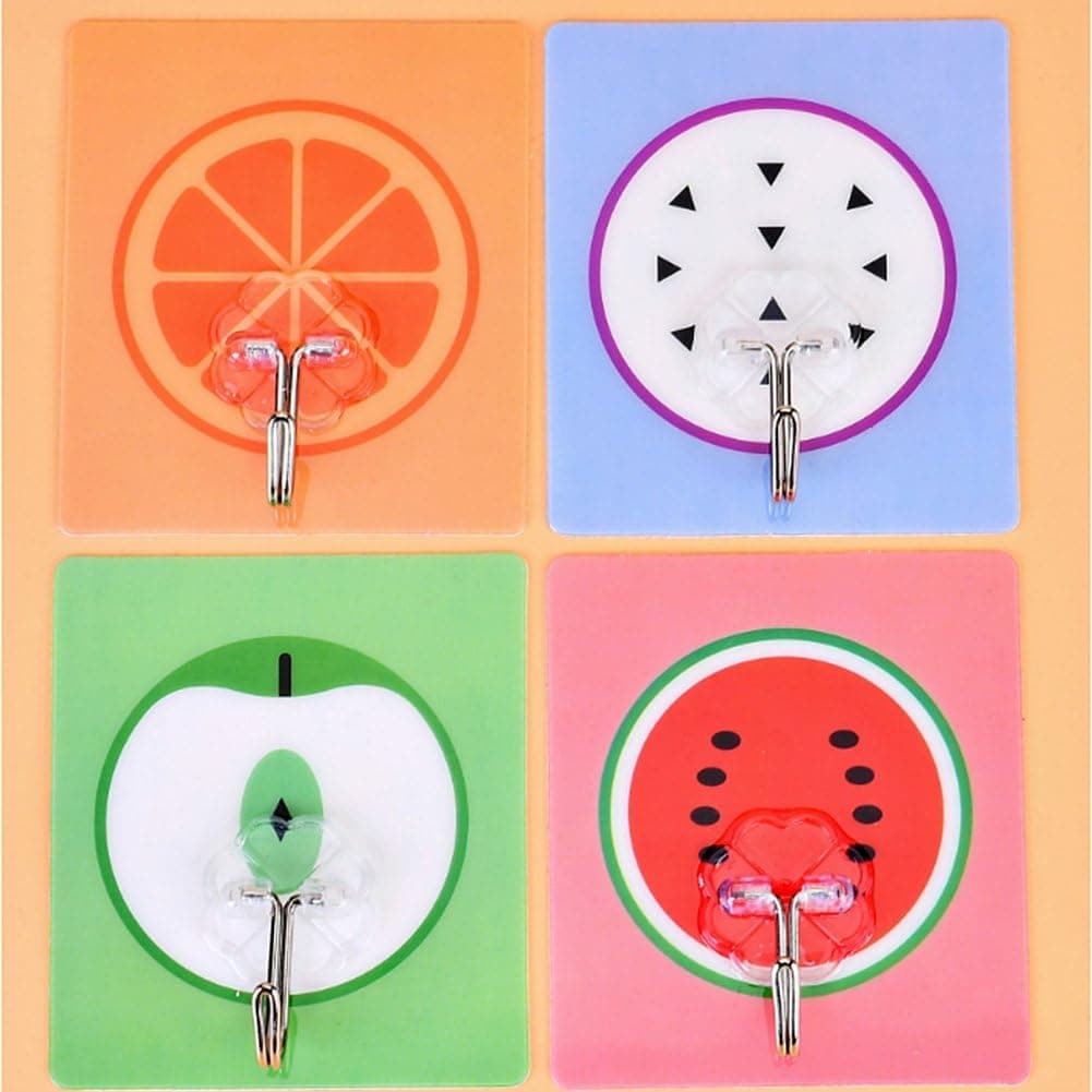 COFUN 4pcs Strong Adhesive Hooks Heavy Duty Wall Hooks 33lbs/15kg Nail Free No Scratch Super Waterproof Seamless Sticky Hooks for Bathroom Kitchen Office Wall and Ceiling(Fruit Series)