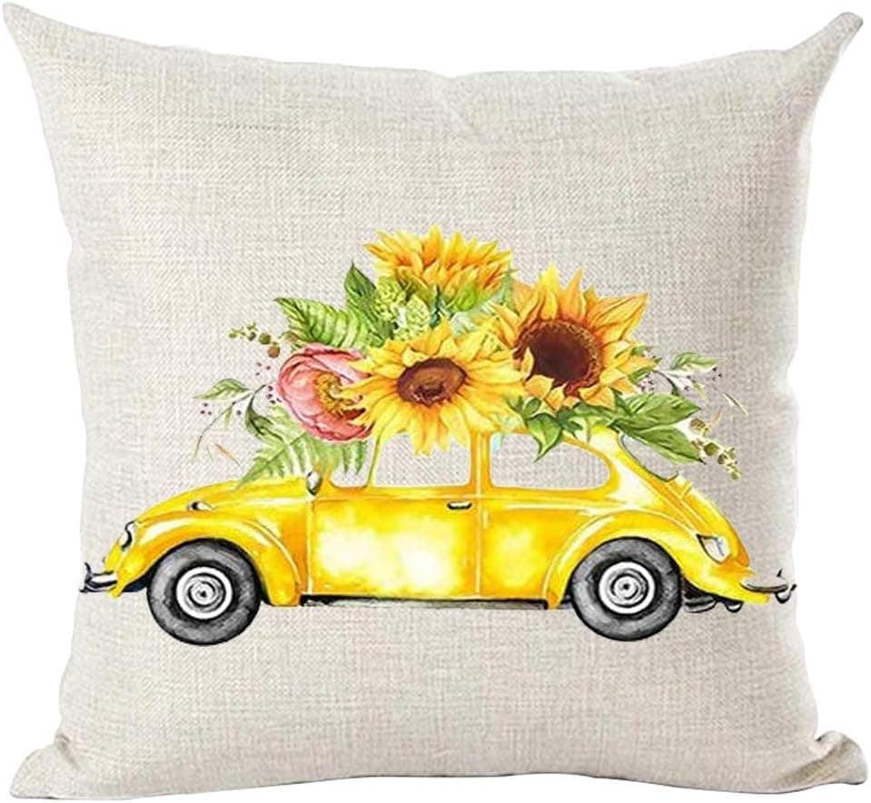 Ramirar Ink Painting Watercolor Yellow Car Sunflowers Summer Fall Y'all Autumn Decorative Throw Pillow Cover Case Cushion Home Living Room Bed Sofa Car Cotton Linen Square 18 x 18 Inches