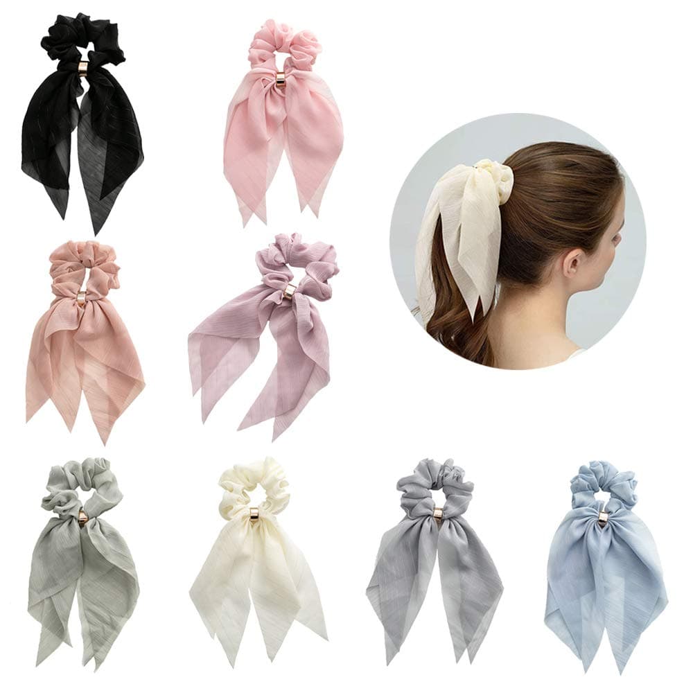 Boutique Chiffon Hair Scarf Scrunchies Long Tail Hair Bands Elastic Hair Tie Ponytail Holder 8PCS for Women Girls Ladies by JIAHANG (Chiffon 8 pcs)