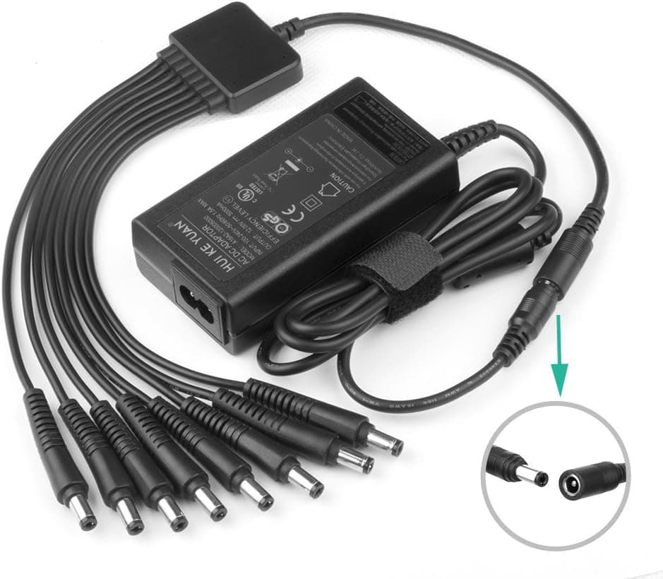 [UL Listed] HKY DC 12V 5A Power Supply Adapter + 8 Split Power Cord For CCTV Security Camera DVR