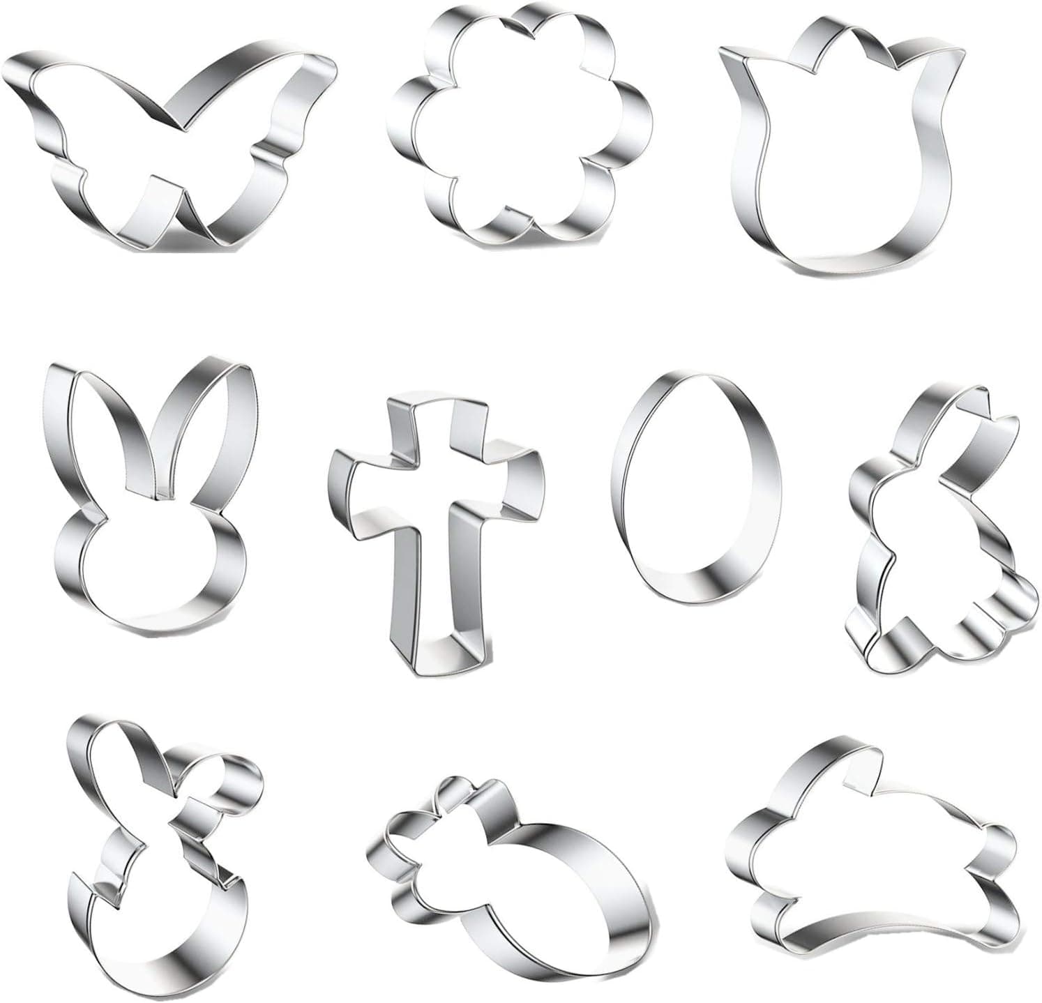 10 Piece Easter Cookie Cutter Set of Butterfly, Flower, Tulip, Bunny Rabbite, Cross Shapes, Egg and Carrot Stainless Steel Fondant Molds for Holiday Party Decorations
