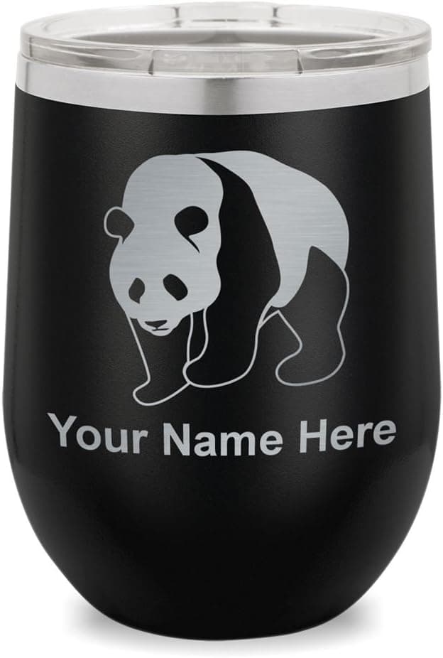 Wine Glass Tumbler, Panda Bear, Personalized Engraving Included (Black)