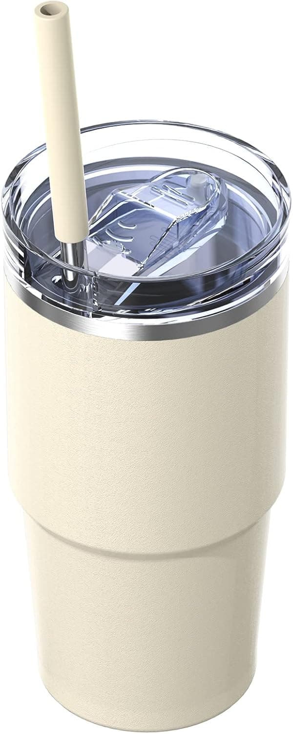 Zukro 24 oz Vacuum Insulated Tumbler, Stainless Steel Bottle Travel Coffee Mug, Keep Hot Up To 6 Hours, Thermal Cup With Screw-on Leak Proof Lid and Straw, No Sweat, Dishwasher Safe, Cream