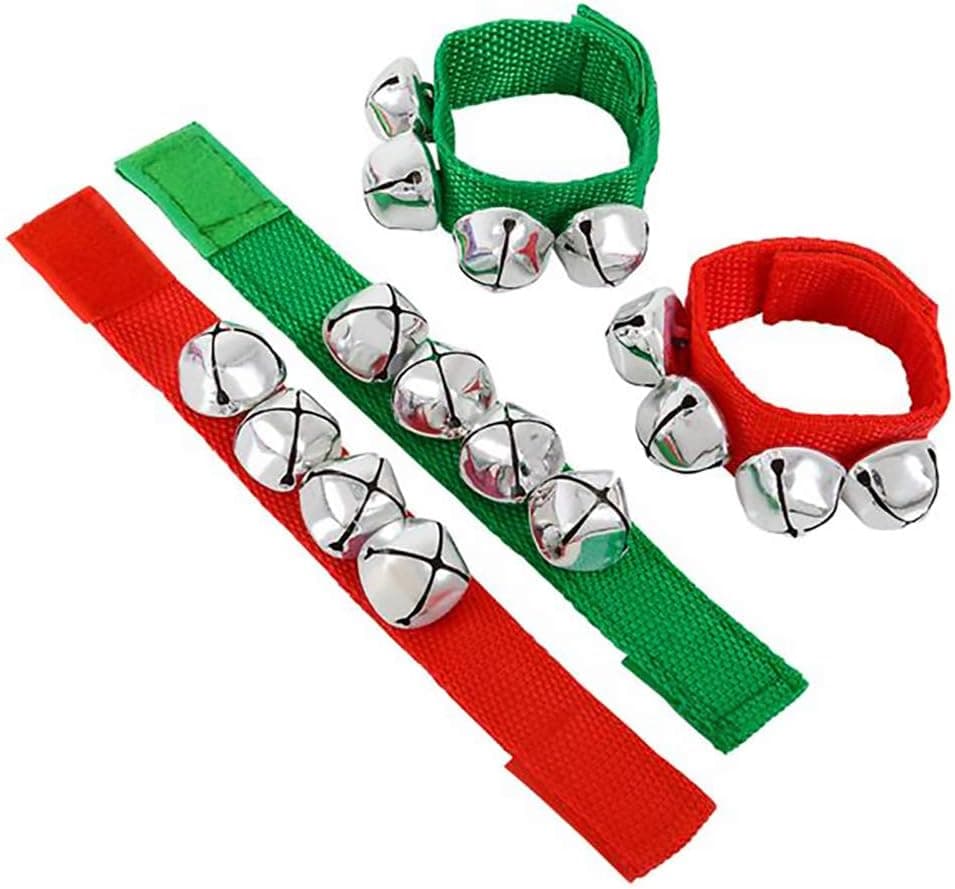The Dreidel Company Christmas Jingle Bell Band Bracelet, Green & Red Bands with Hanging Jingle Ball Bells (2-Pack)