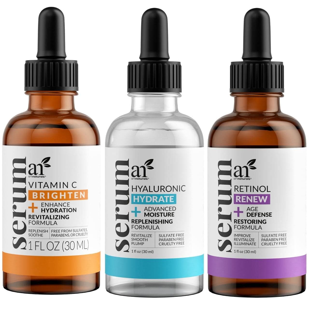 ArtNaturals Anti-Aging-Set with Vitamin-C Retinol and Hyaluronic-Acid - Serum for Anti Wrinkle and Dark Circle Remover – All Natural and Moisturizing (3 x 1 Fl Oz / 30ml) (ANAA-0101)