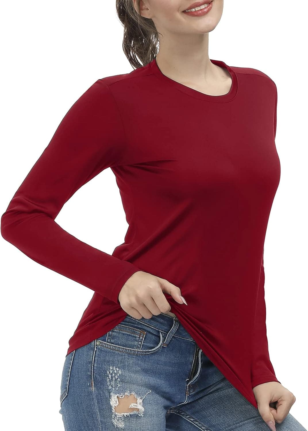 MIER Women's UPF 50+ Sun Protection T-Shirt Long Sleeve Outdoor Performance Hiking Running Shirts, Quick Dry, Red, XXL