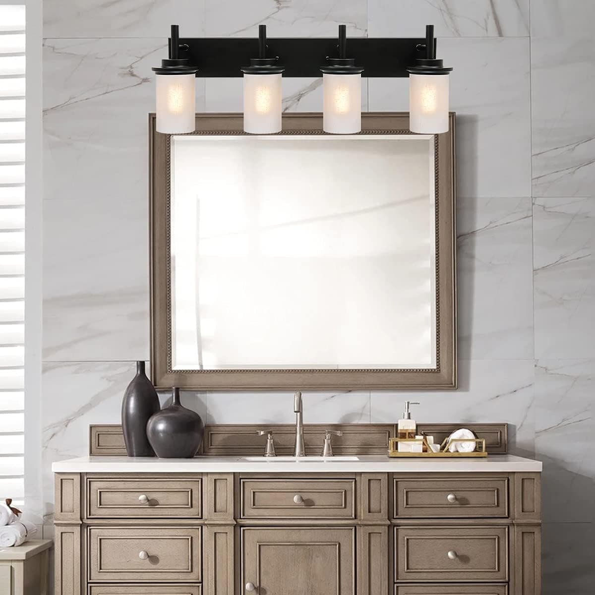 4 Light XINCAN Bathroom Vanity Lighting Metal Wall Sconce Fixture, Matte Black Farmhouse Interior Wall Mount Fixture with White Linen Cylinder Glass Shade for Cafe Corridor