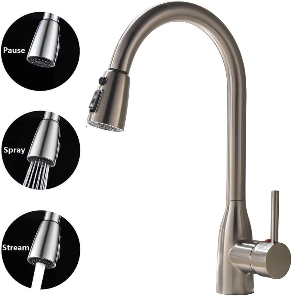 KINGO HOME Modern Touch On High Arch Single Hole Single Handle Stainless Steel Pull Out Brushed Nickel Kitchen Sink Faucet,3 Setting Spray