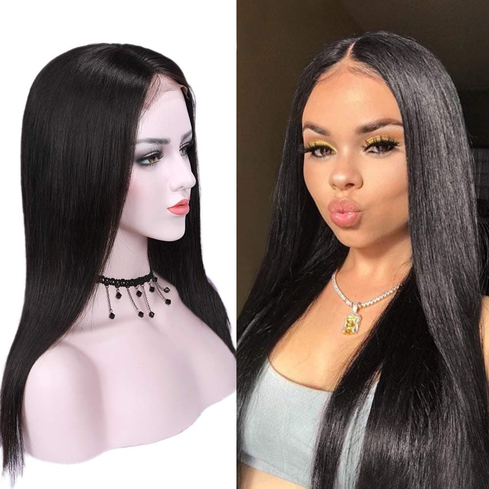 Fave Straight Human Hair Lace Part Wigs within 4x4 Lace Closure for Women 130% Density 16Inch (#1B)