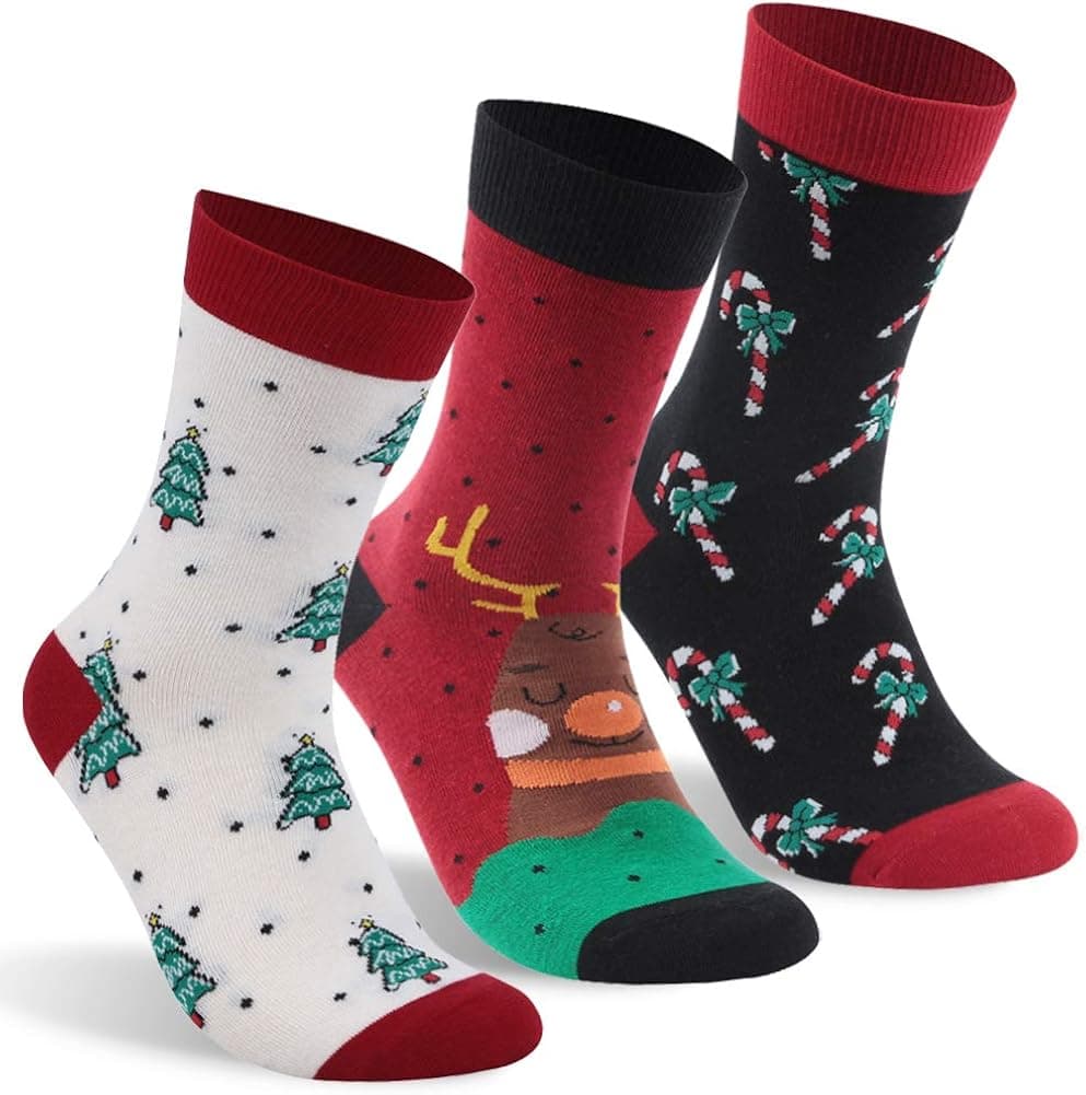 Hissox Christmas Socks, Unisex Novelty Holiday Patterned Casual Crew Gift Socks 3 Pairs Red Green White Black Christmas Tree Walking Stick Elk with Dots