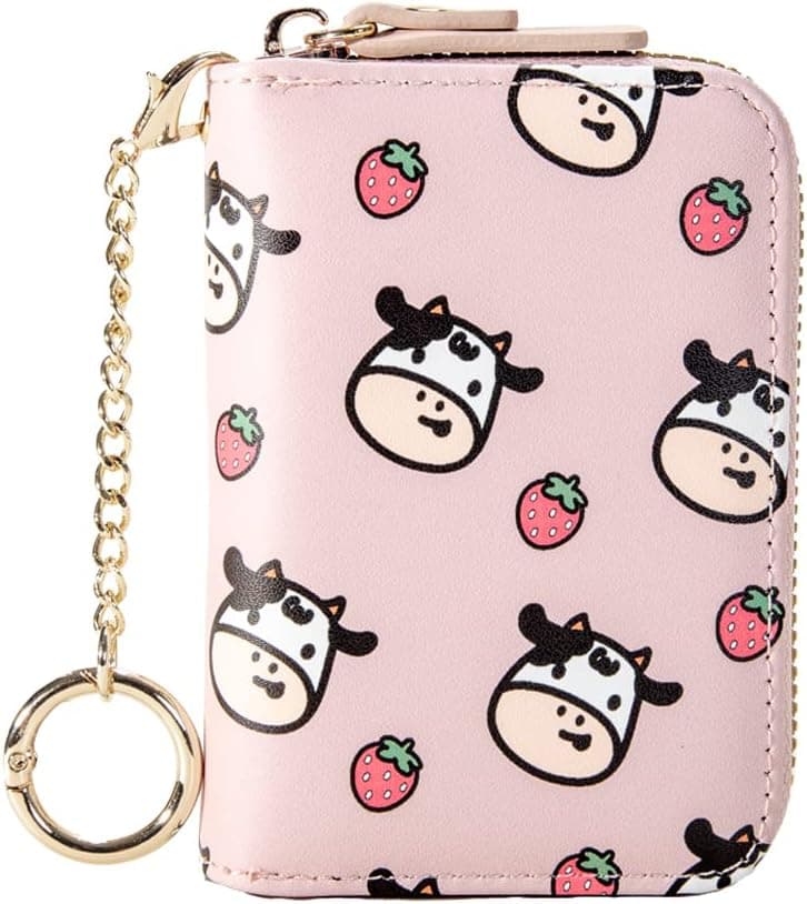 Sunwel Fashion Cute Cow Print Credit Card Holder- Accordian Zipper Card Case Wallet Cash Pockets Coin Purse with Keychain Hook for Women