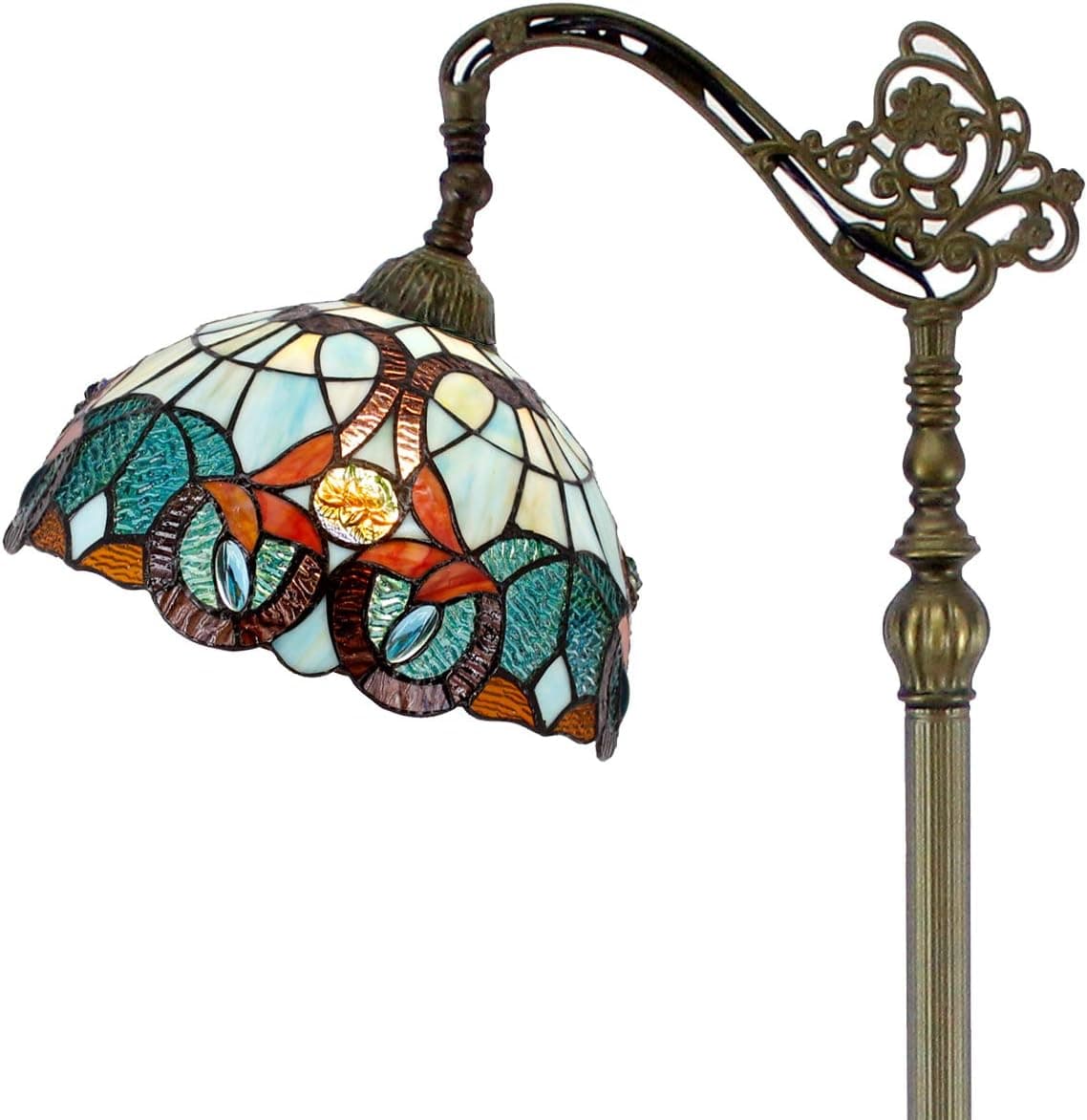 WERFACTORY Tiffany Floor Lamp Blue Floral Flower Stained Glass Arched Lamp 12X18X64 Inches Gooseneck Adjustable Corner Standing Reading Light Decor Bedroom Living Room S802 Series