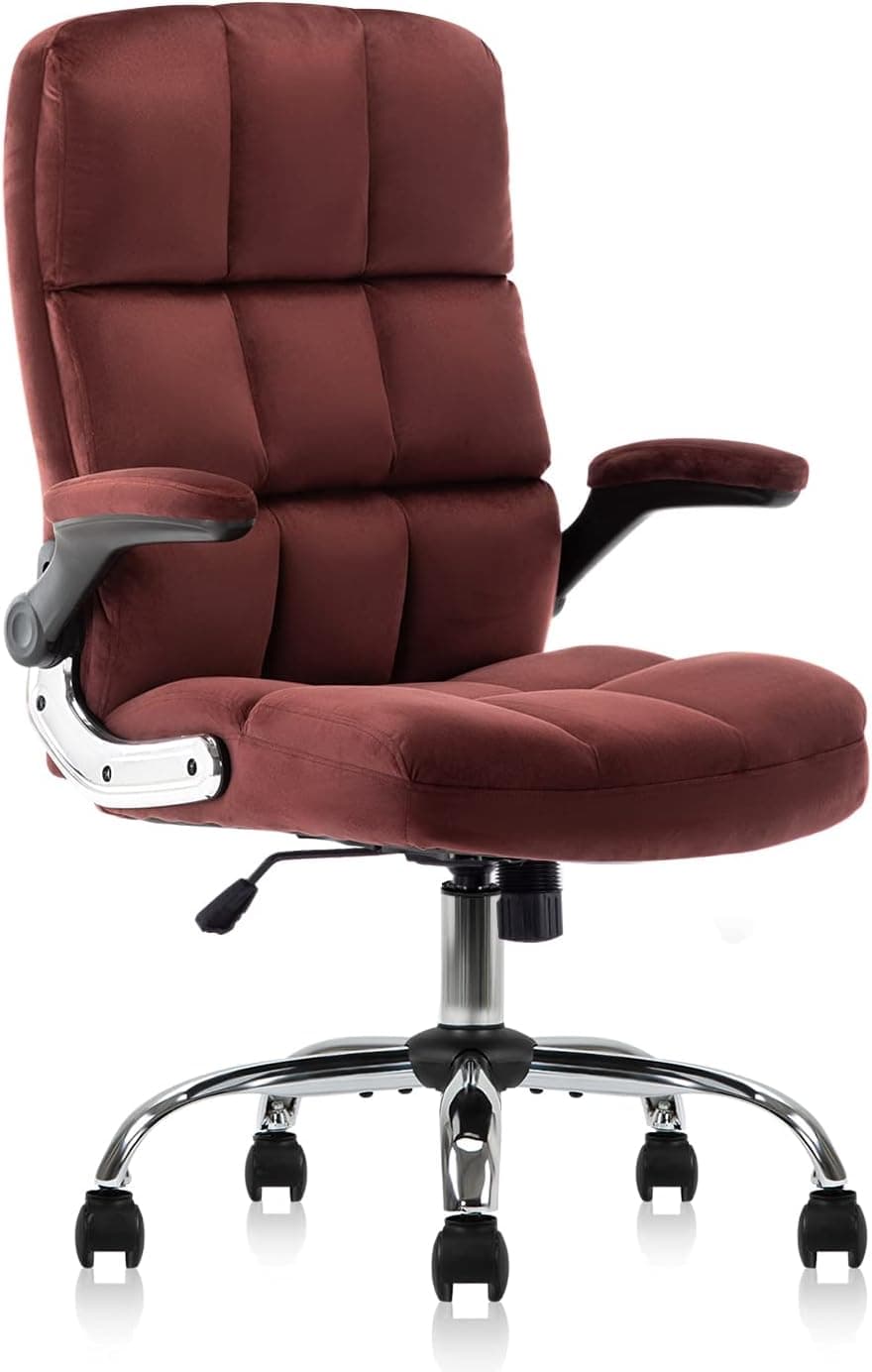 YAMASORO Velvet Office Chairs High Back Executive Chair with Flip-up Arms Home Office Desk Chair with Wheels for Adult (Burgundy)