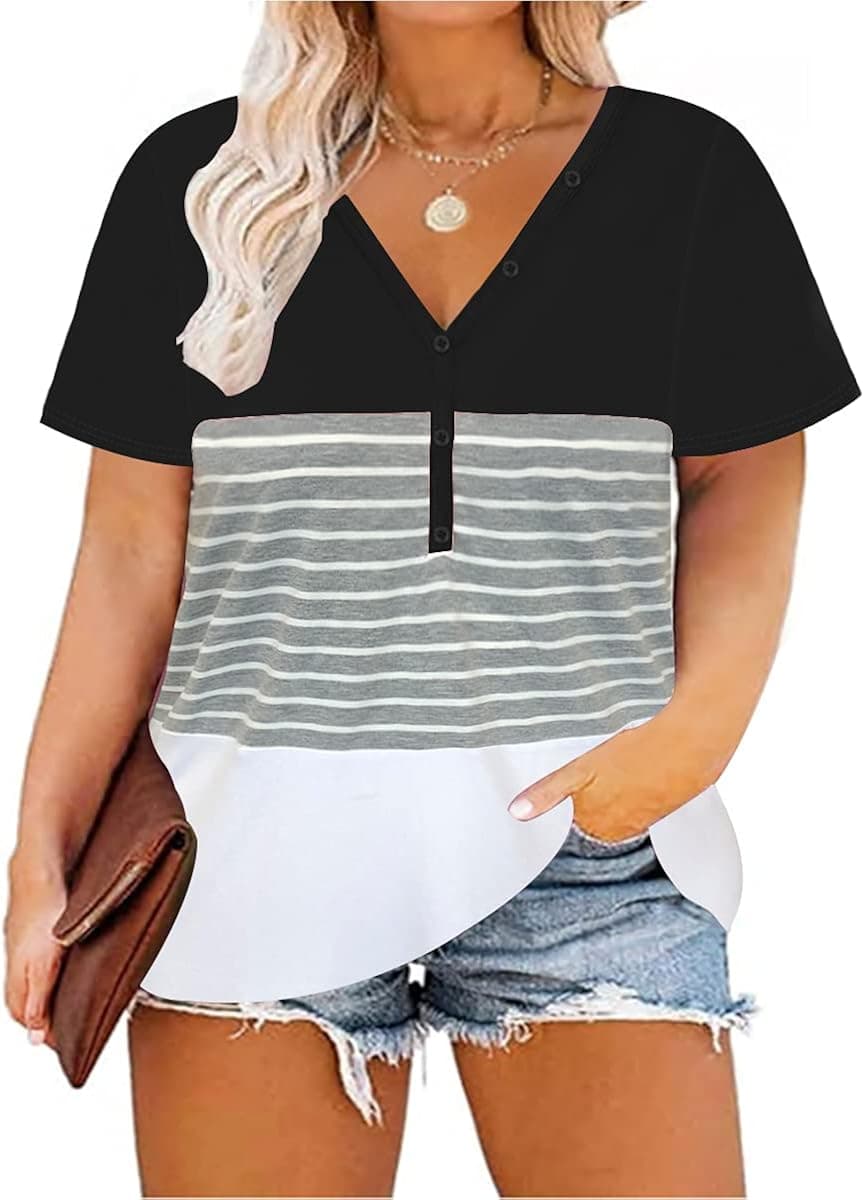 CARCOS Womens Plus Size Tops Short Sleeve Shirts Color Block Tunic Raglan Henley Blouses XL-5XL